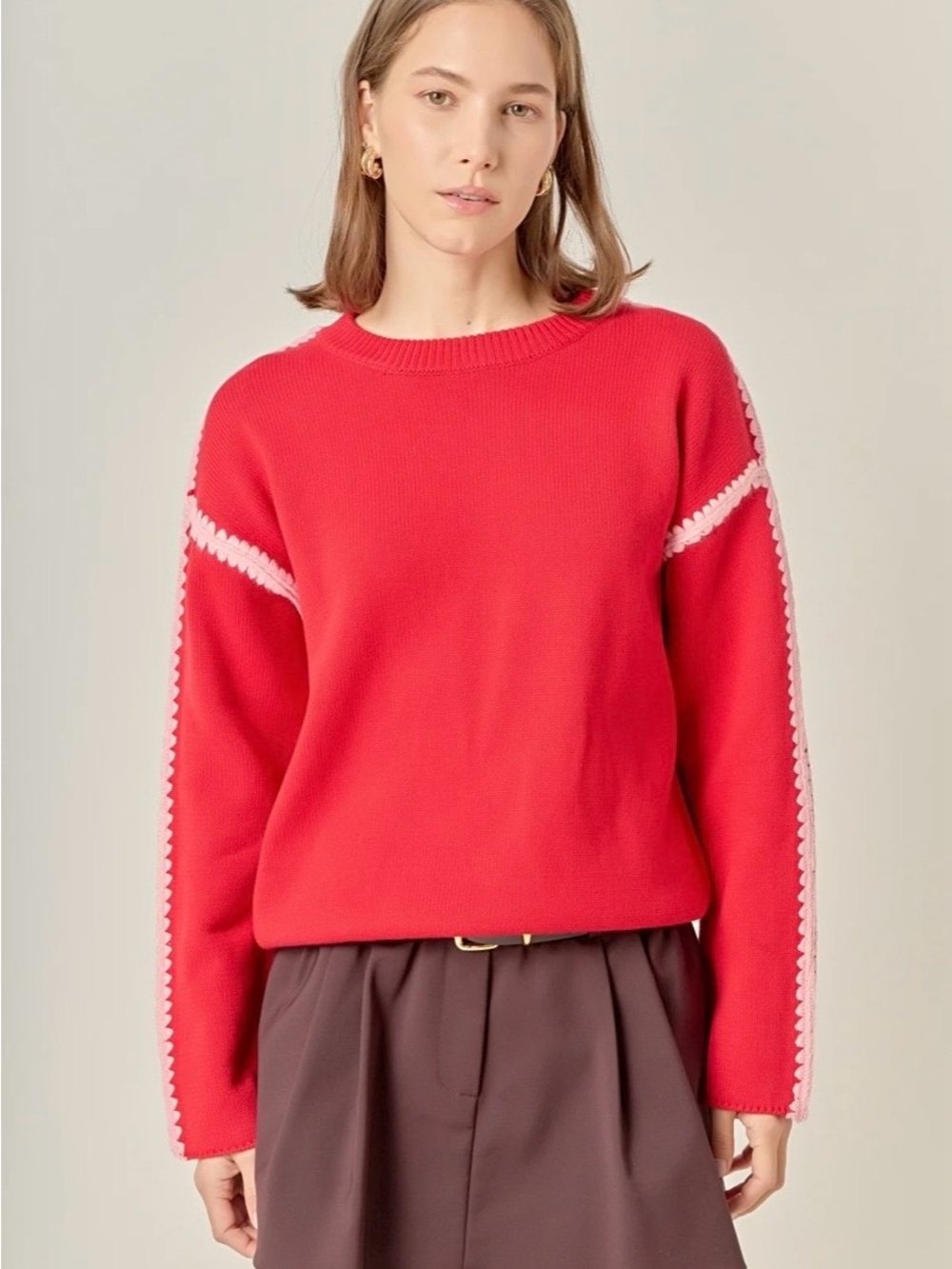 English Factory Red & Pink Stitched Trim Sweater | Size Small